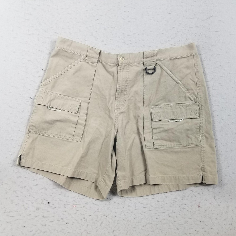 Columbia PFG Cargo Shorts Mens XL Beige Cotton Elastic Waist 8 Inseam Fishing